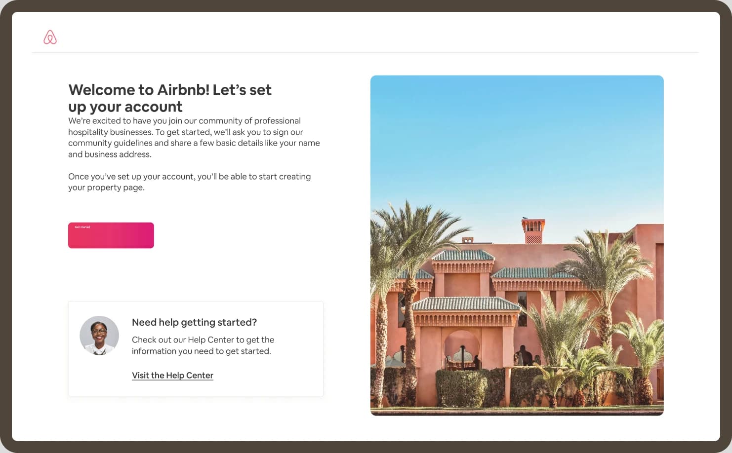 Figma mockup of the Airbnb hotel partner account creation and onboarding flow, showing the welcome screen with a Get started button