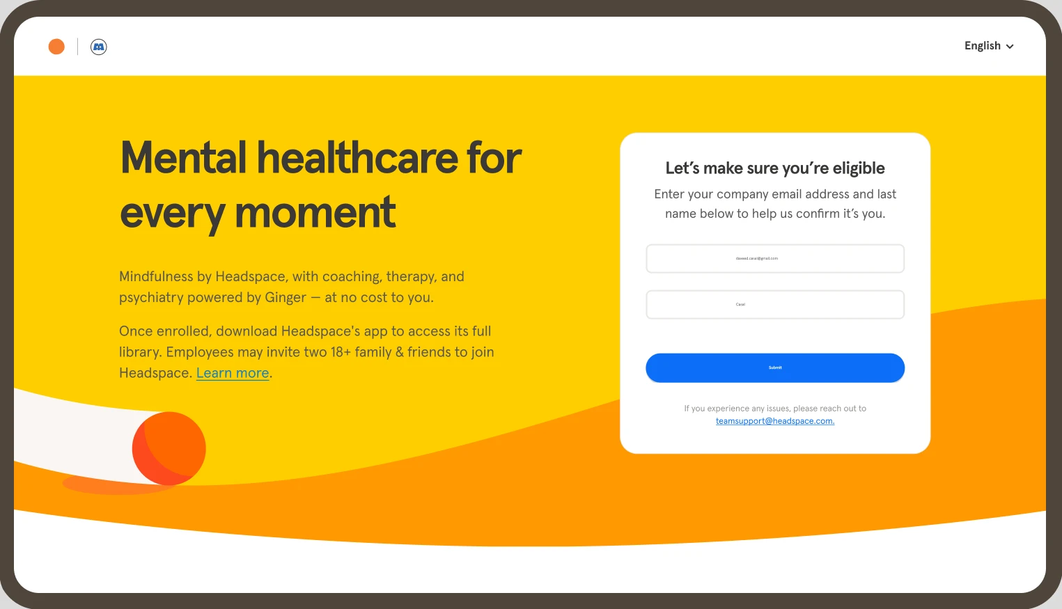 Screenshot of the Headspace enrollment eligibility screen from the Unified Main Door admin portal, with the device bezel baked into the image